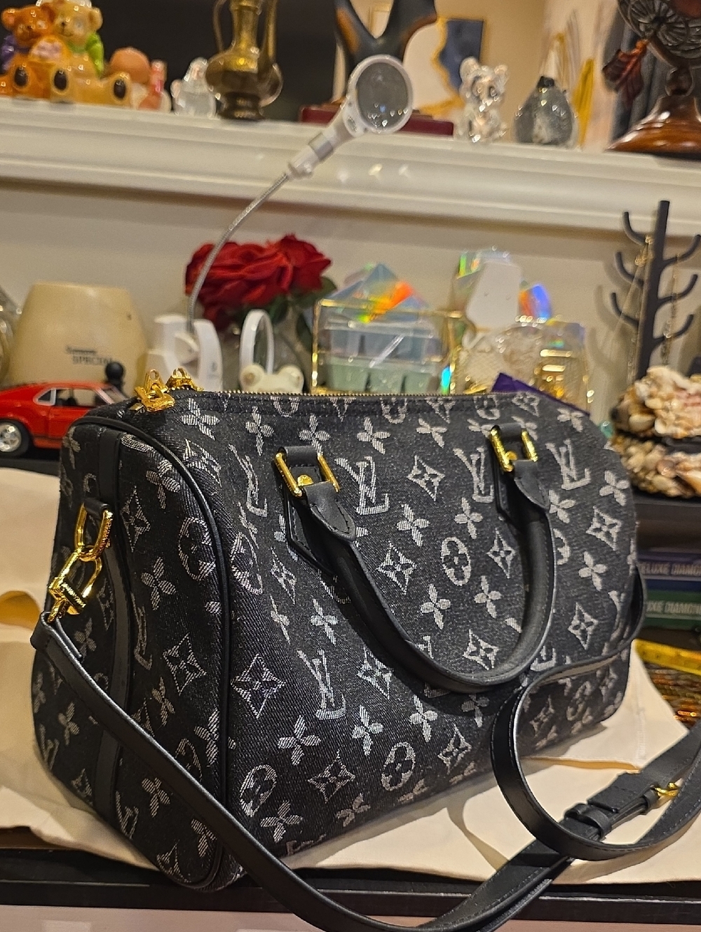 Black Monogram Canvas Crossbody Satchel with Gold Hardware
